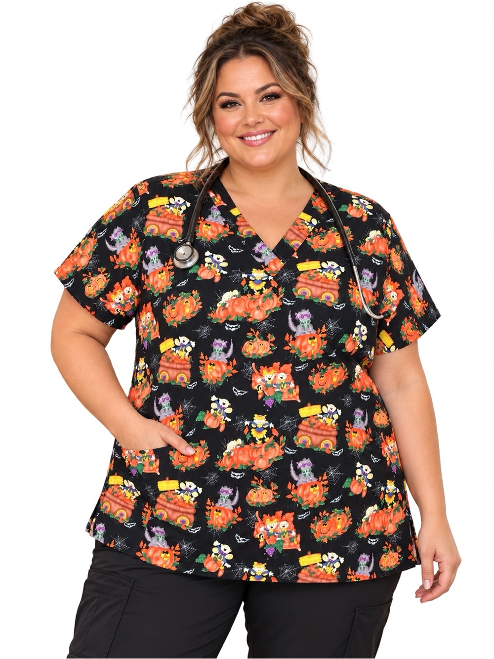 VTG 90s Halloween Fall scrub top plus size 2X cottagecore pumpkins cats costume